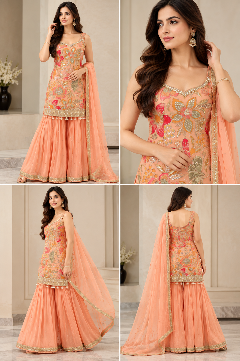 Peach Floral Embroidered Sharara Set with Gold Detailing & Dupatta