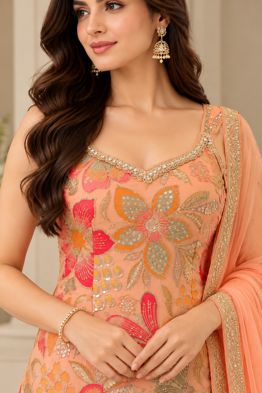 Peach Floral Embroidered Sharara Set with Gold Detailing & Dupatta