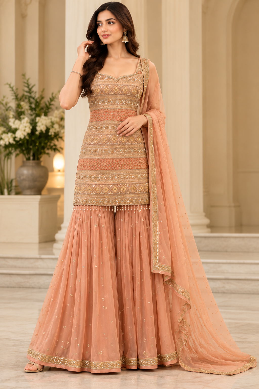 Peach Rose Gold Embroidered Sharara Set with Matching Dupatta