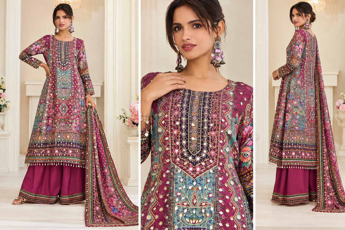 Magenta Embroidered Kurta Sharara Set with Printed Dupatta