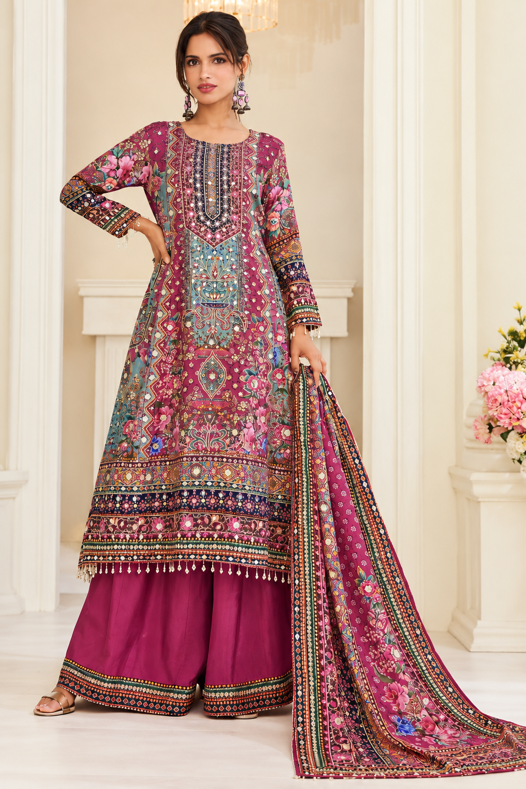 Magenta Embroidered Kurta Sharara Set with Printed Dupatta
