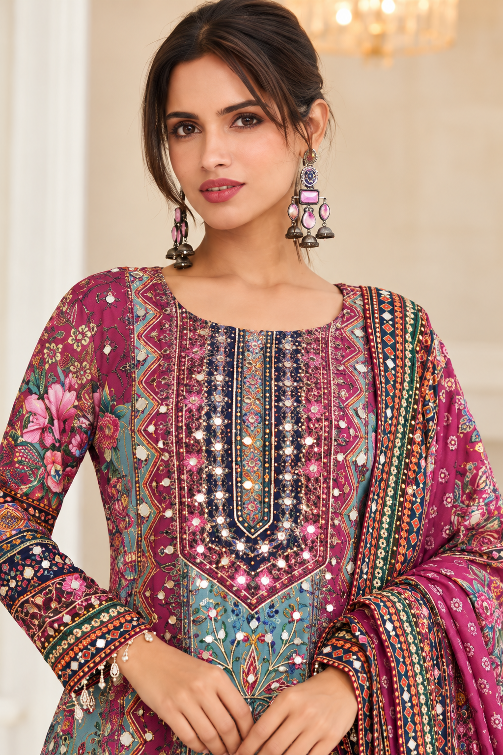 Magenta Embroidered Kurta Sharara Set with Printed Dupatta