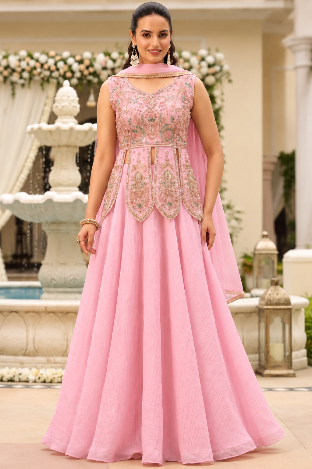 Pastel Pink Embroidered Anarkali Gown with Gold Detailing