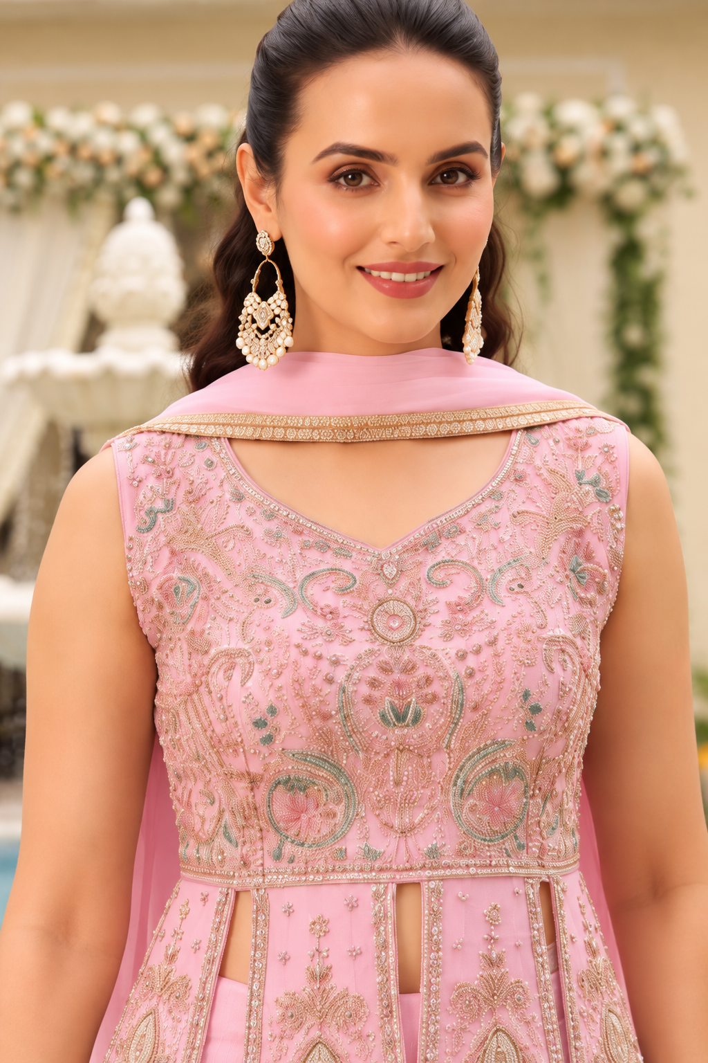 Pastel Pink Embroidered Anarkali Gown with Gold Detailing