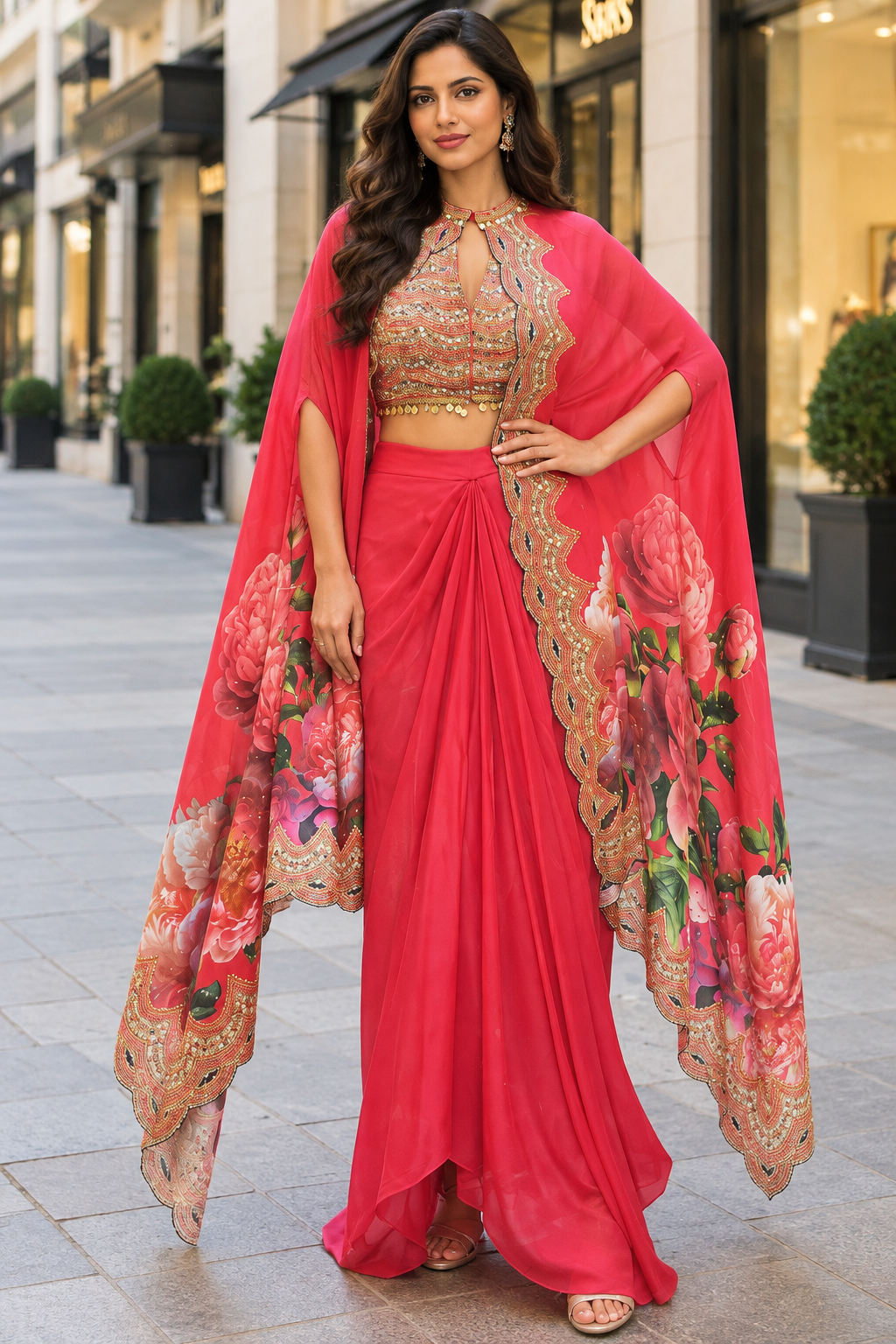 Coral Pink Contemporary Indo-Western Set with Cape Dupatta