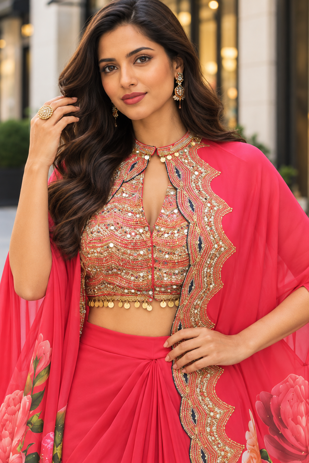 Coral Pink Contemporary Indo-Western Set with Cape Dupatta