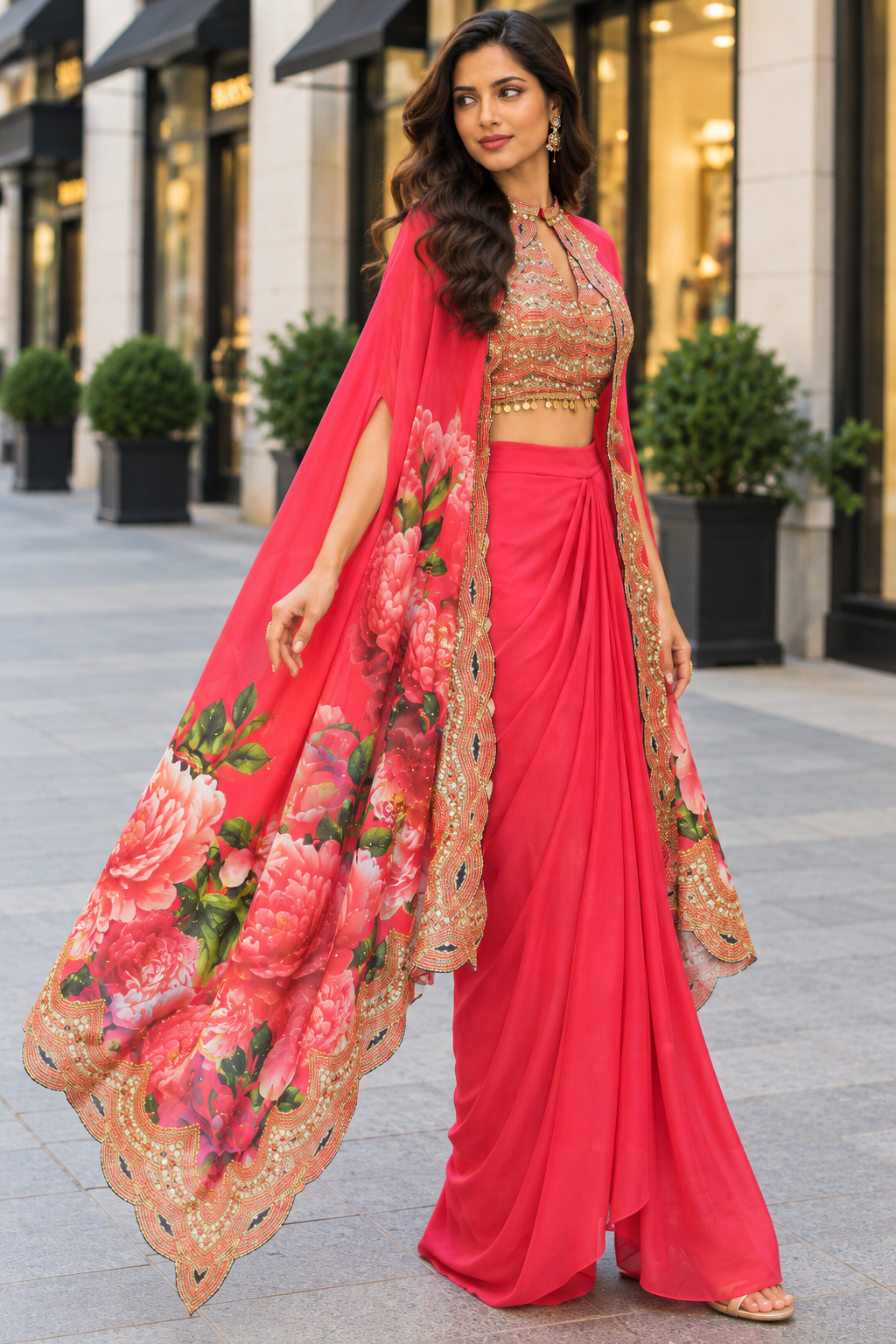 Coral Pink Contemporary Indo-Western Set with Cape Dupatta
