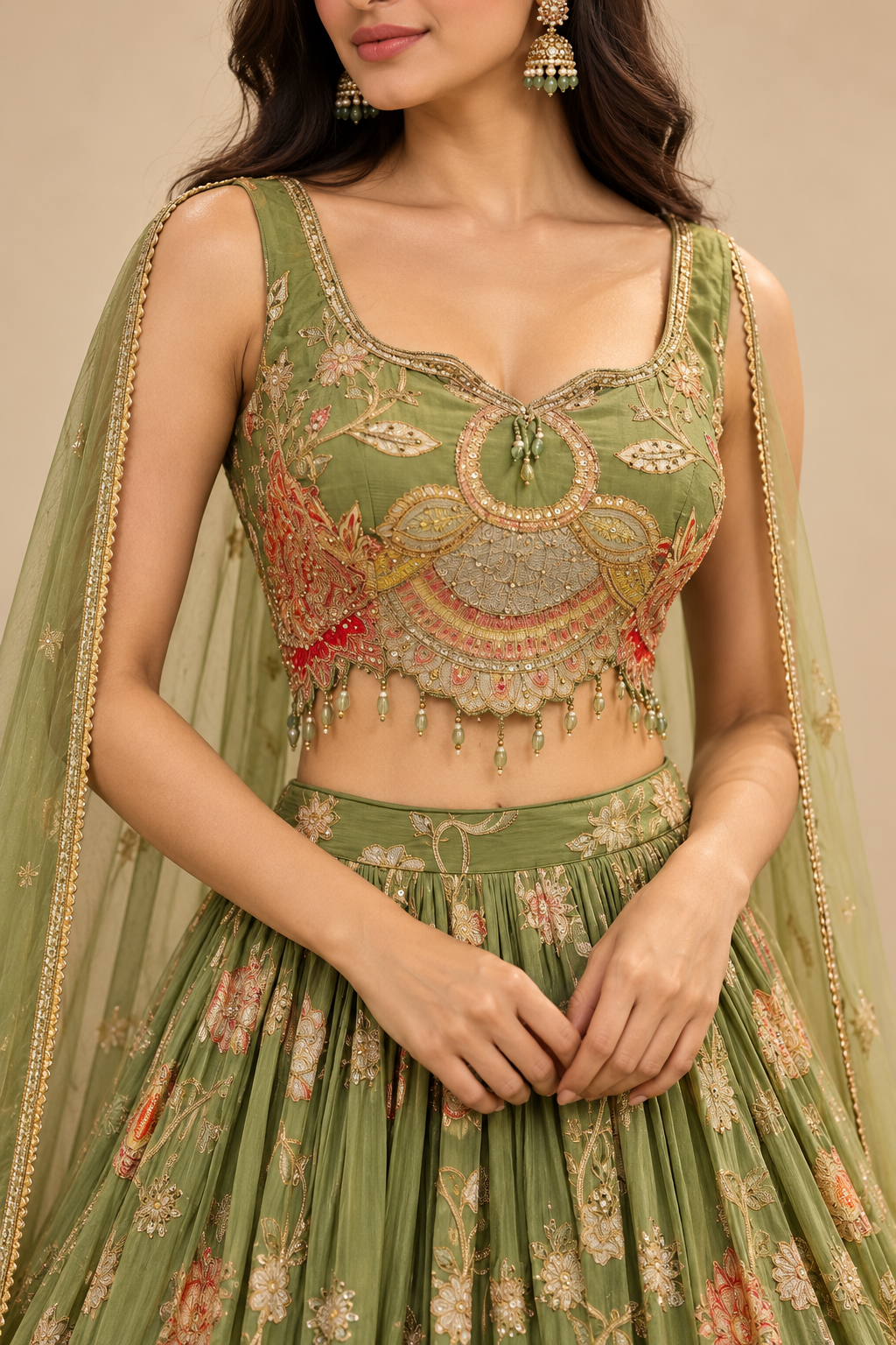 Olive Green Floral Embroidered Lehenga Choli with Sheer Dupatta