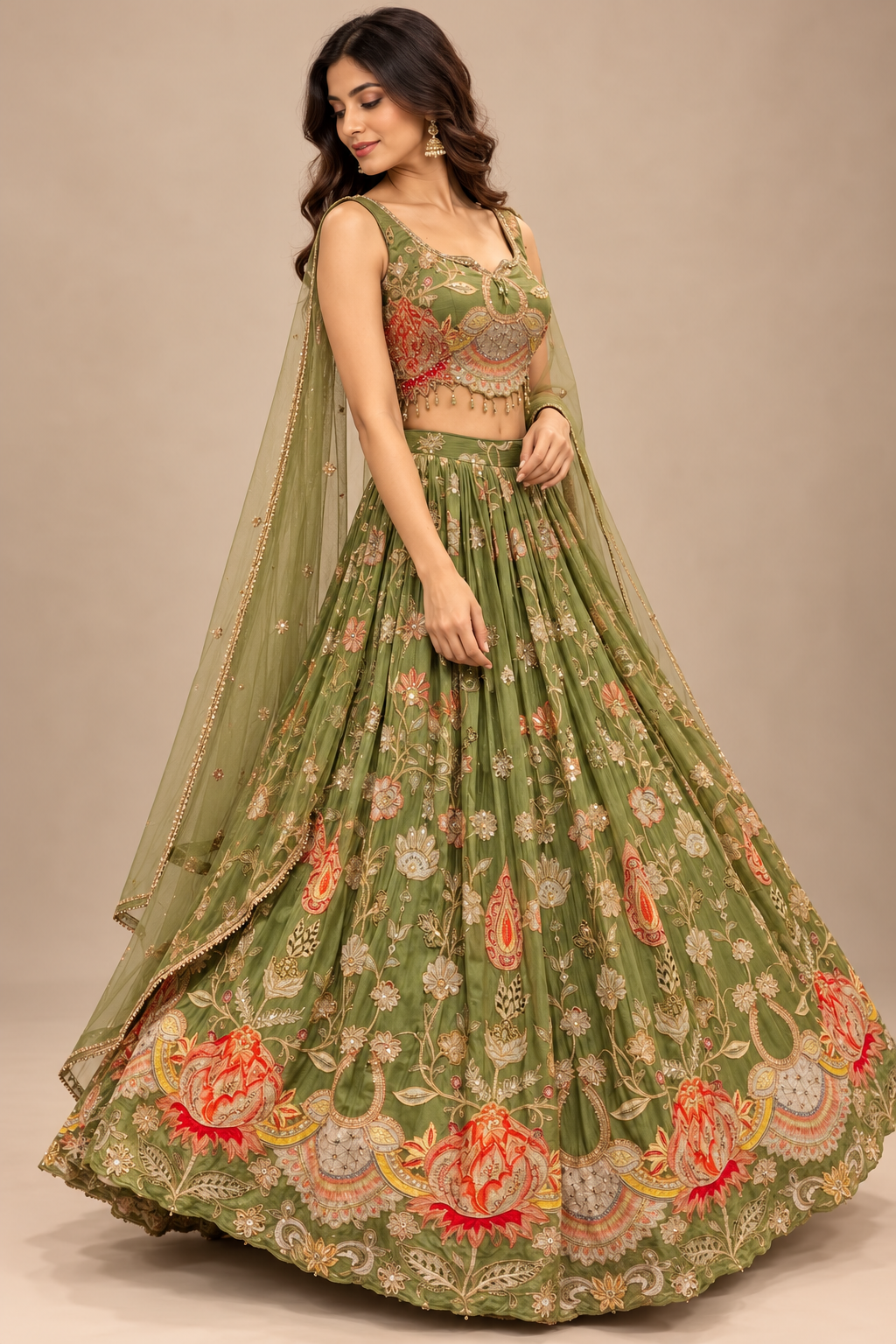 Olive Green Floral Embroidered Lehenga Choli with Sheer Dupatta