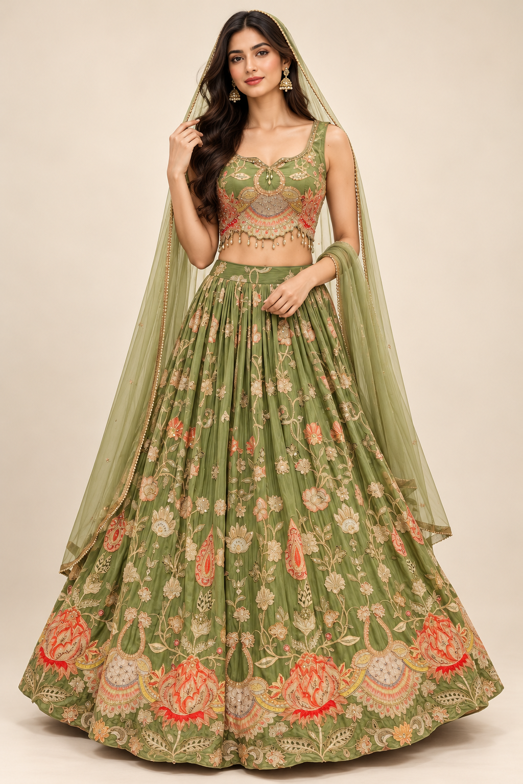 Olive Green Floral Embroidered Lehenga Choli with Sheer Dupatta