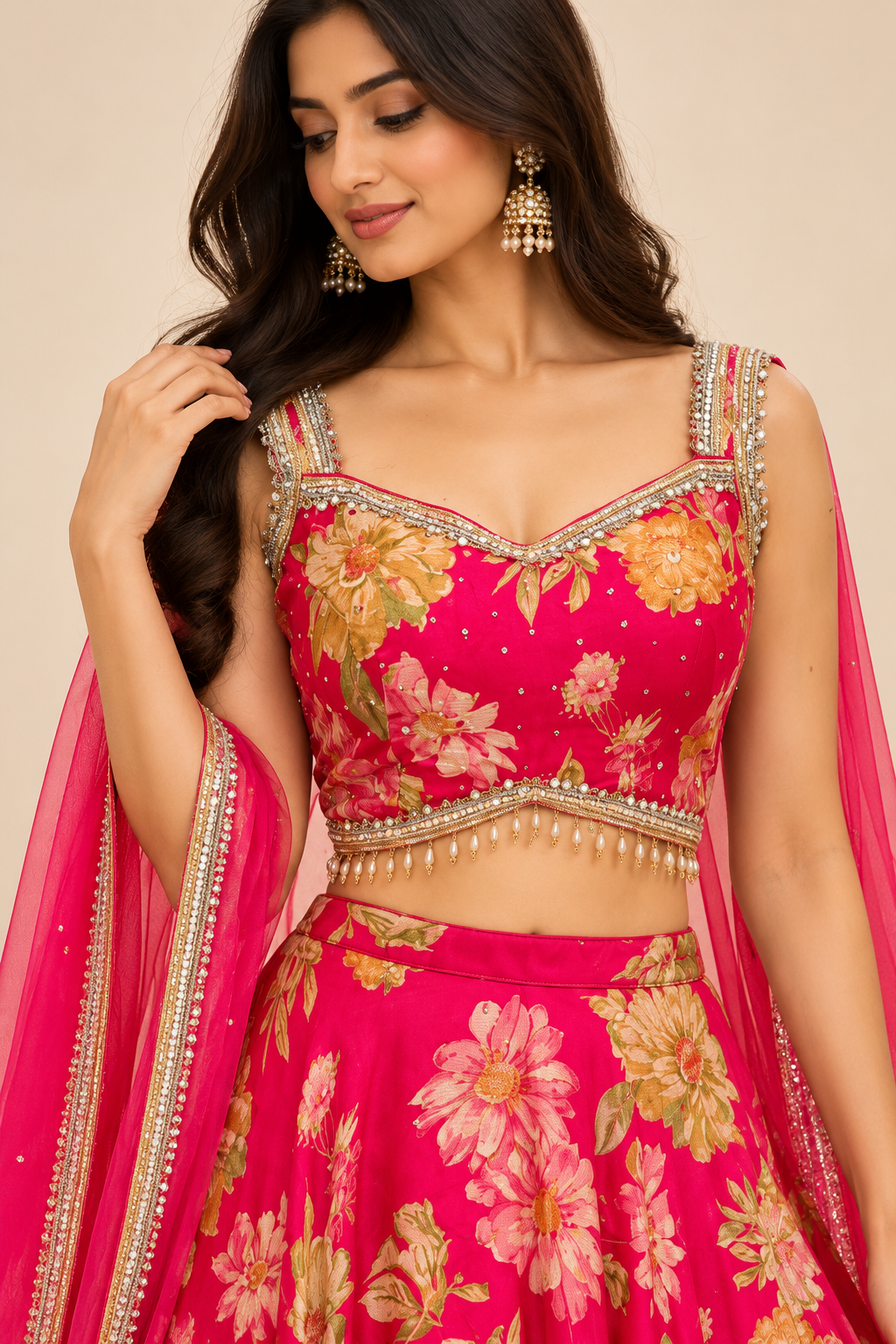 Fuchsia Pink Floral Lehenga Choli with Embellished Blouse and Dupatta