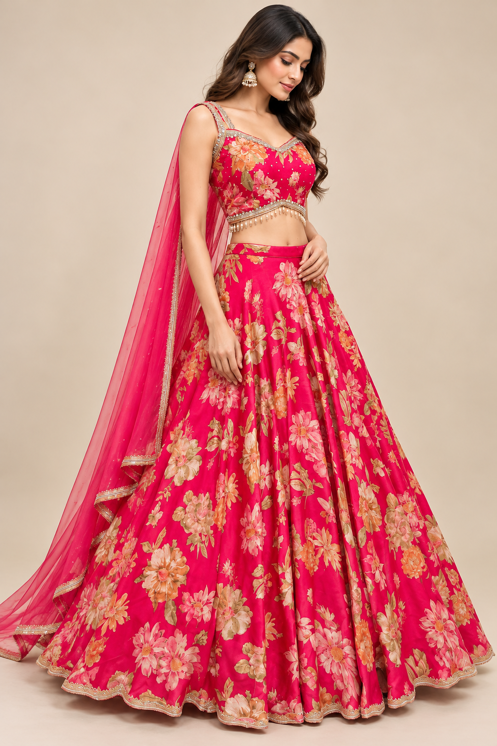 Fuchsia Pink Floral Lehenga Choli with Embellished Blouse and Dupatta