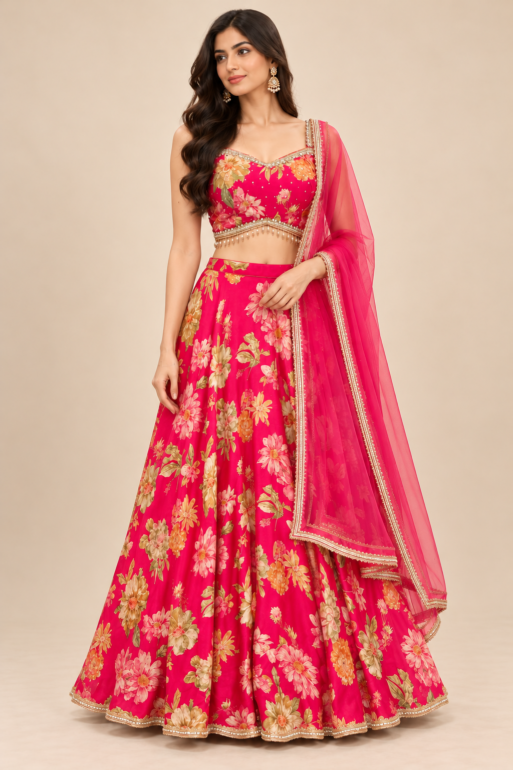 Fuchsia Pink Floral Lehenga Choli with Embellished Blouse and Dupatta