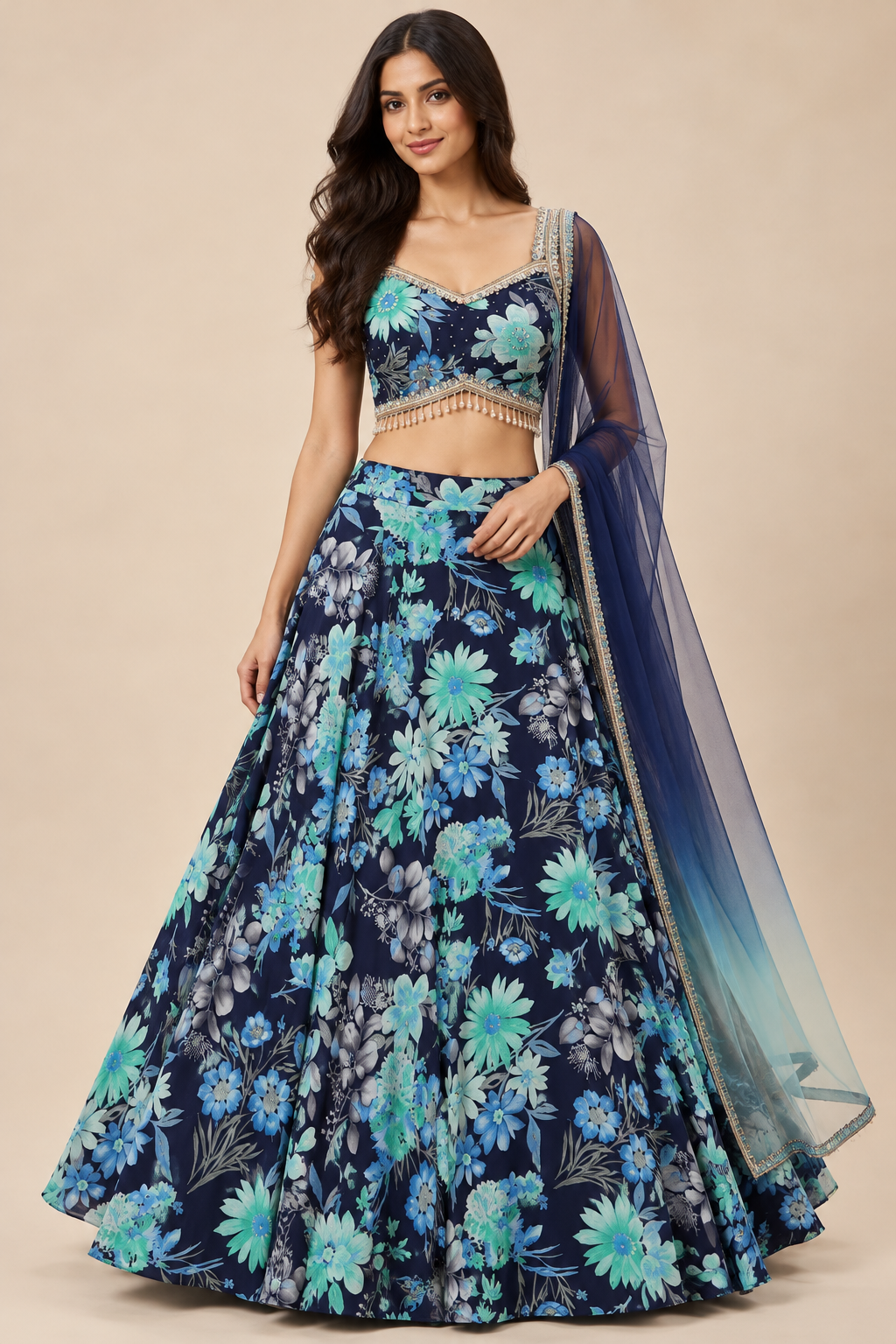 Midnight Bloom Floral Lehenga Set with Pearl Tassel Blouse