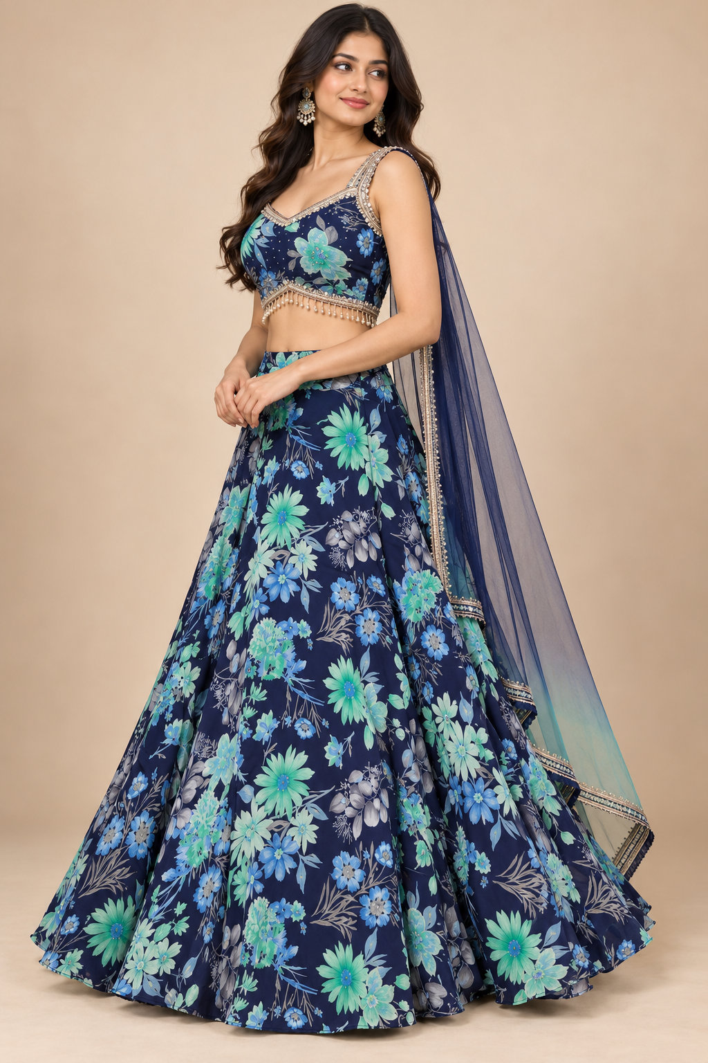 Midnight Bloom Floral Lehenga Set with Pearl Tassel Blouse
