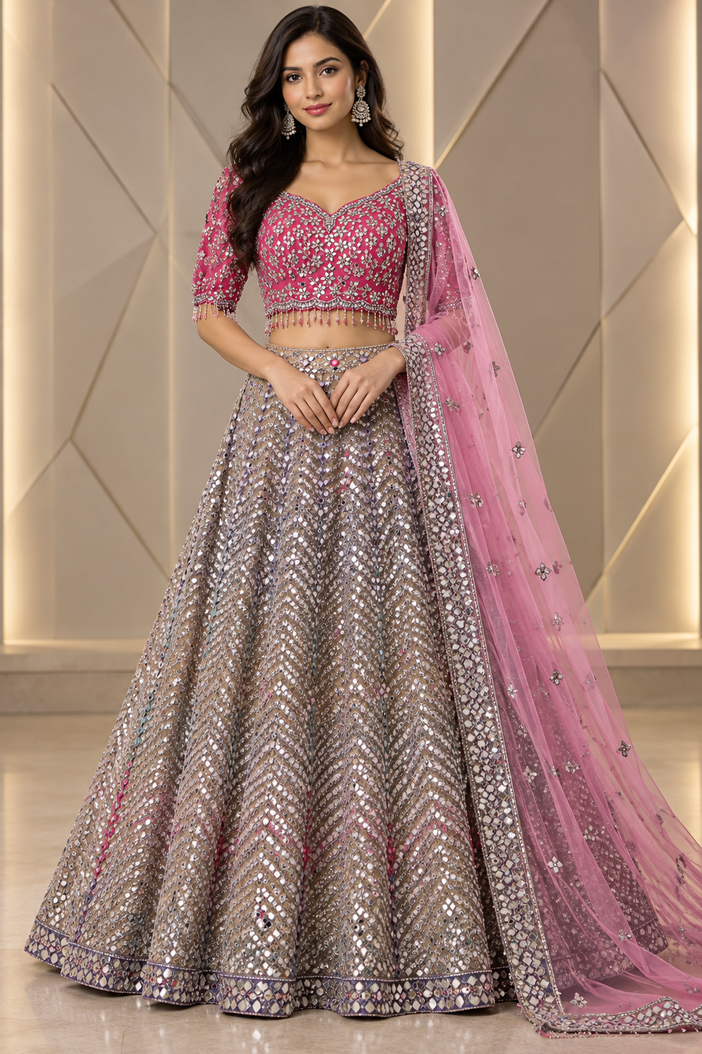 Premium Fuchsia Pink & Silver Mirror Work Lehenga Set with Dupatta