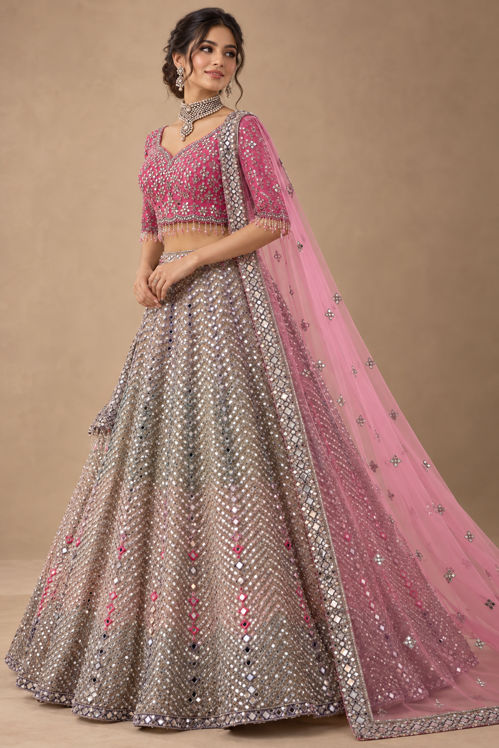 Premium Fuchsia Pink & Silver Mirror Work Lehenga Set with Dupatta