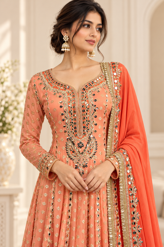 Peach Gown with Embroidery & Sequin Work
