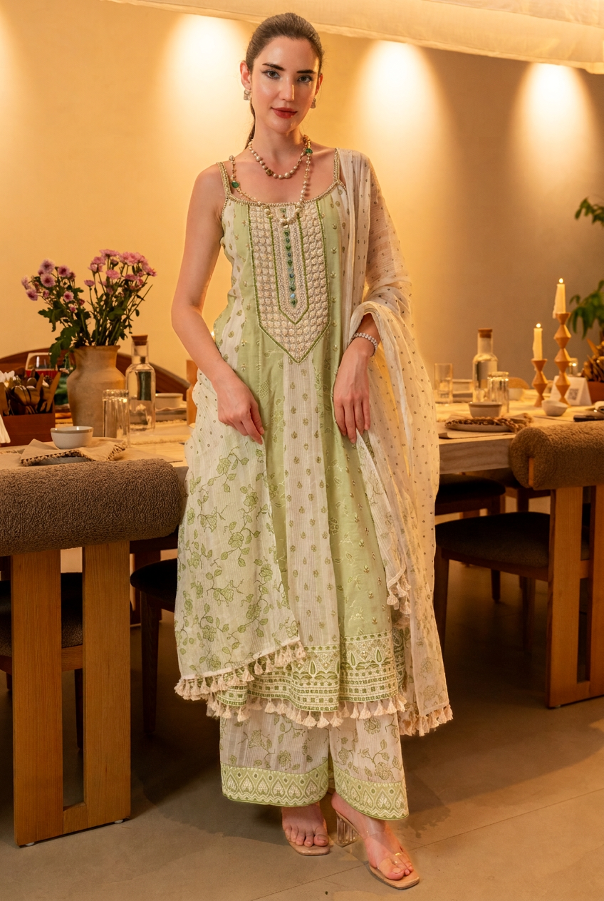 Pistachio Bloom Cotton Anarkali Set