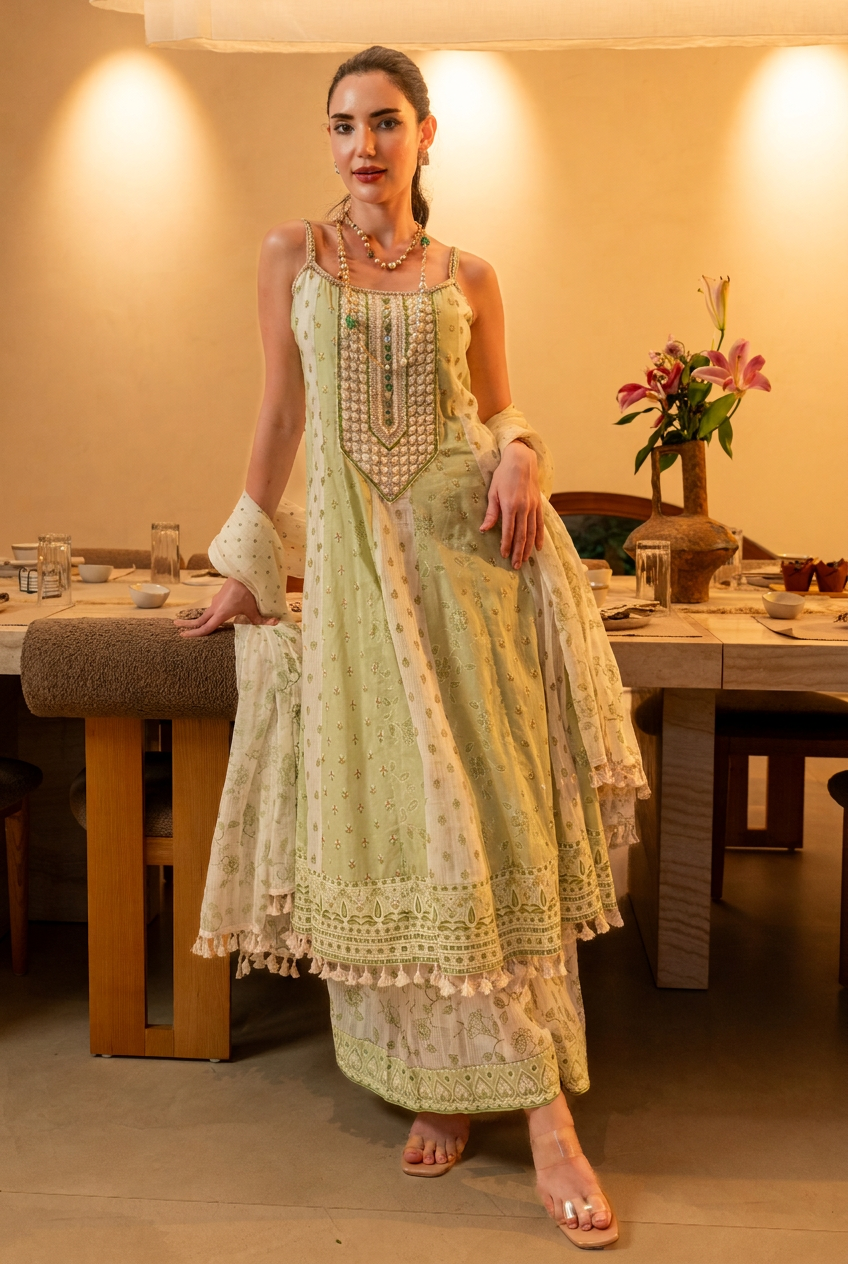 Pistachio Bloom Cotton Anarkali Set