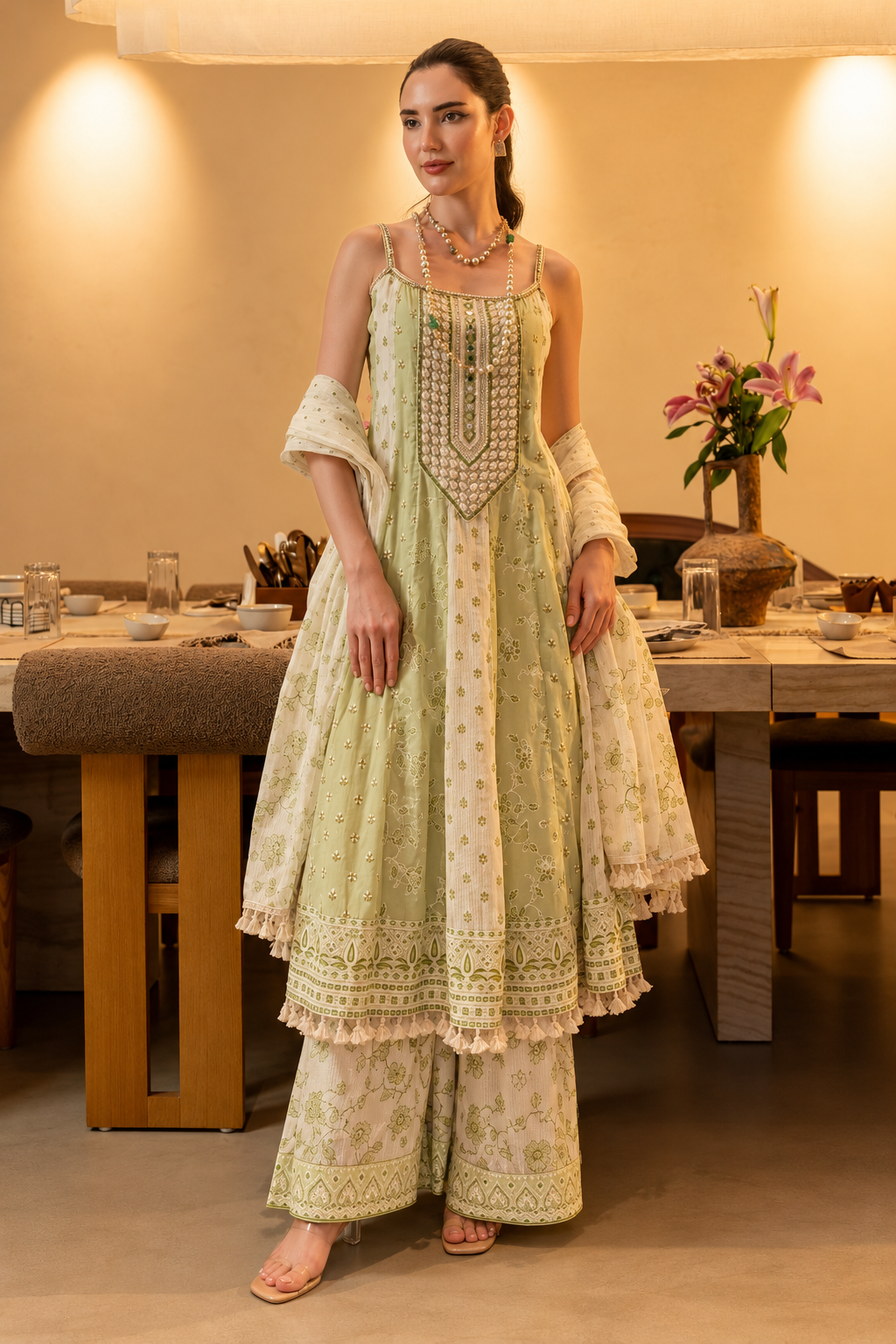 Pistachio Bloom Cotton Anarkali Set