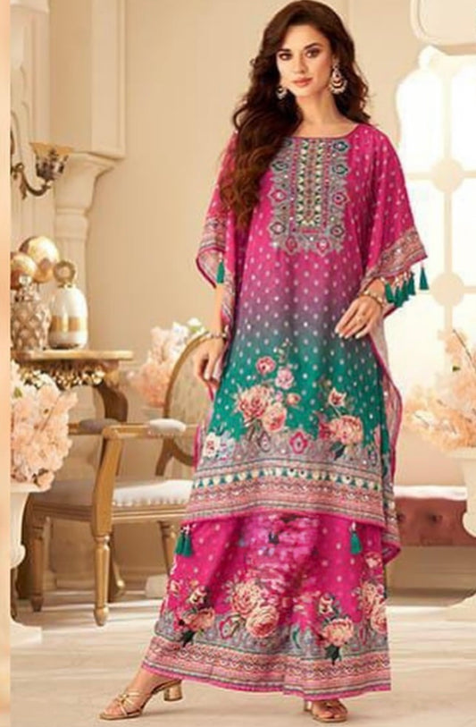 Elegant Rani Pink Crepe Silk Kaftan Set