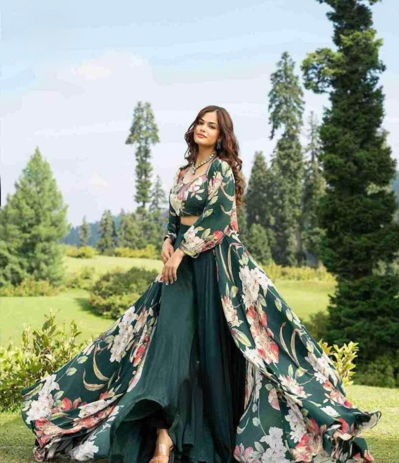 Dark green palazzo with floral jacket