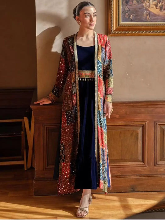 Deep Blue Printed Cape Dress