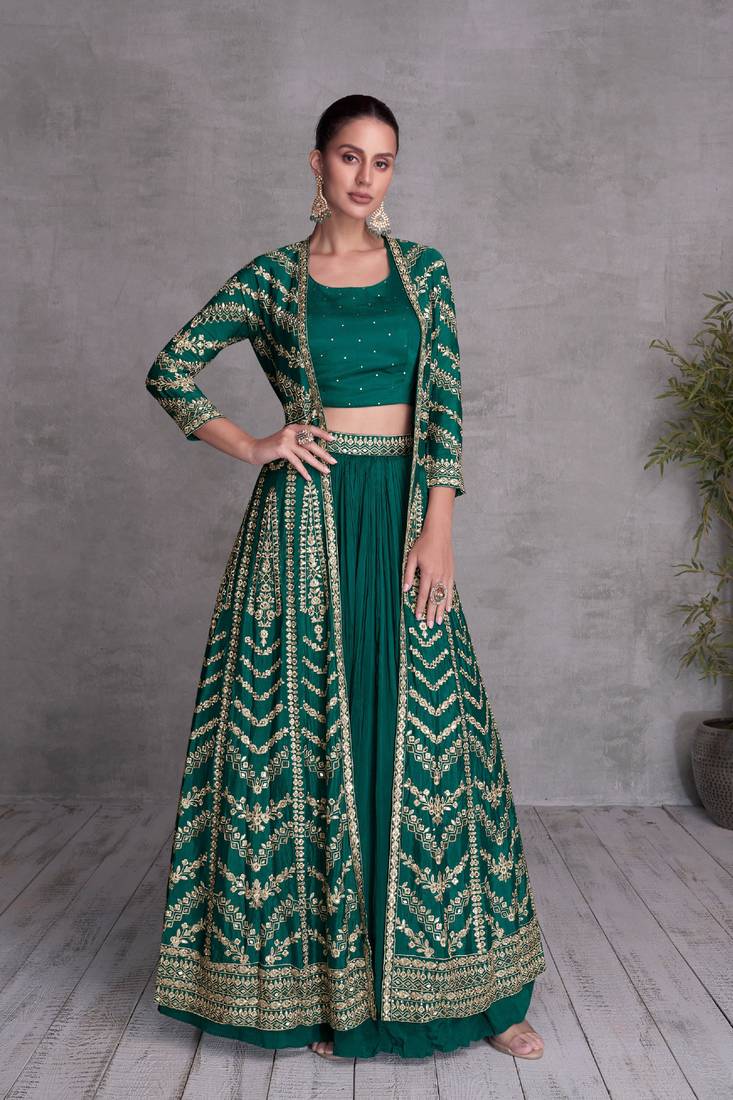 Pine Green Embroidered Jacket Style Indo Western Dress