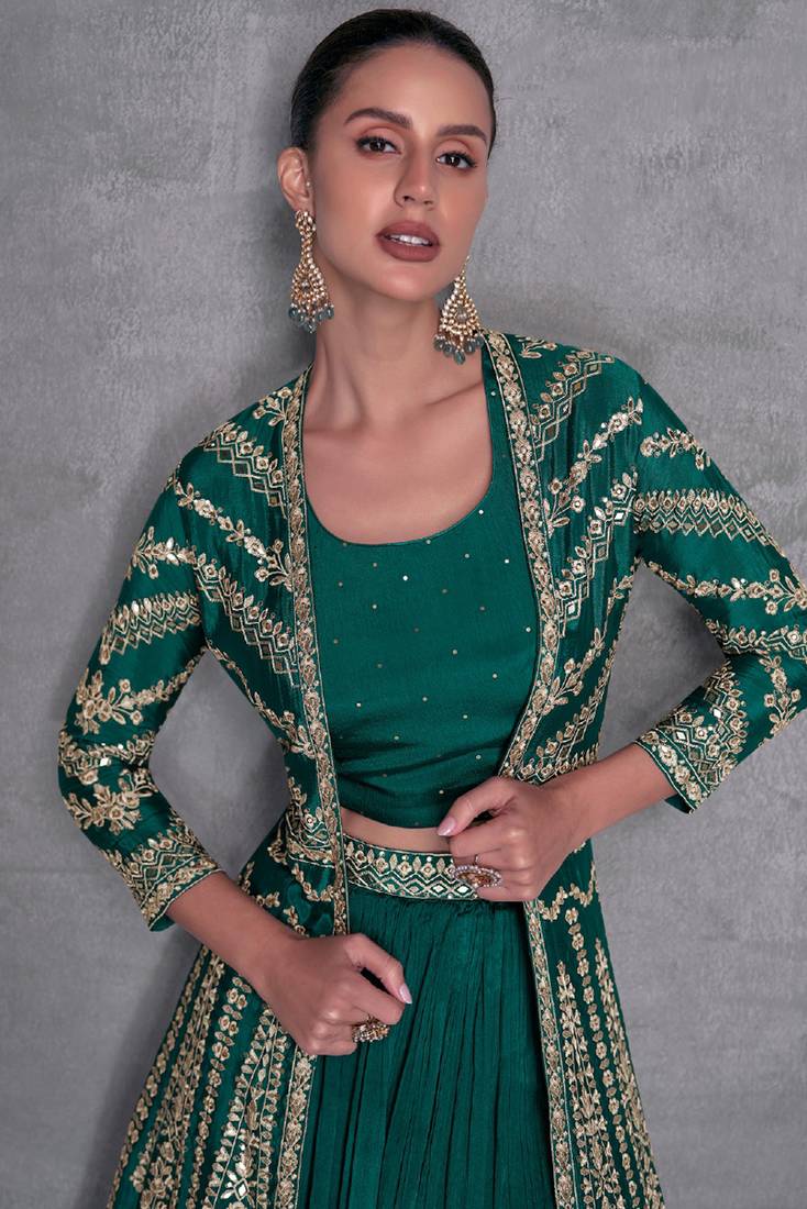 Pine Green Embroidered Jacket Style Indo Western Dress