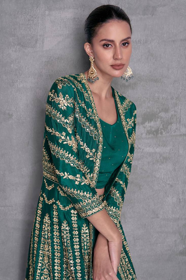 Pine Green Embroidered Jacket Style Indo Western Dress
