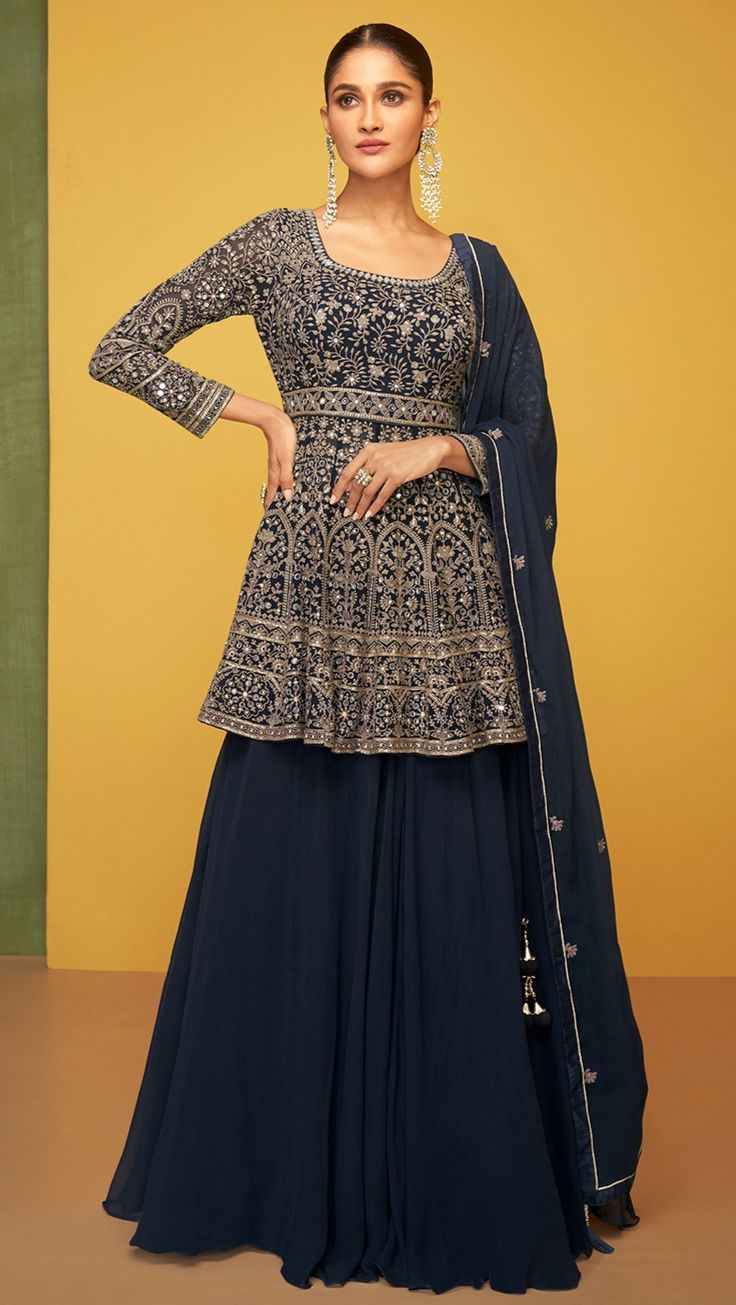 Midnight blue Embroidered skirt set