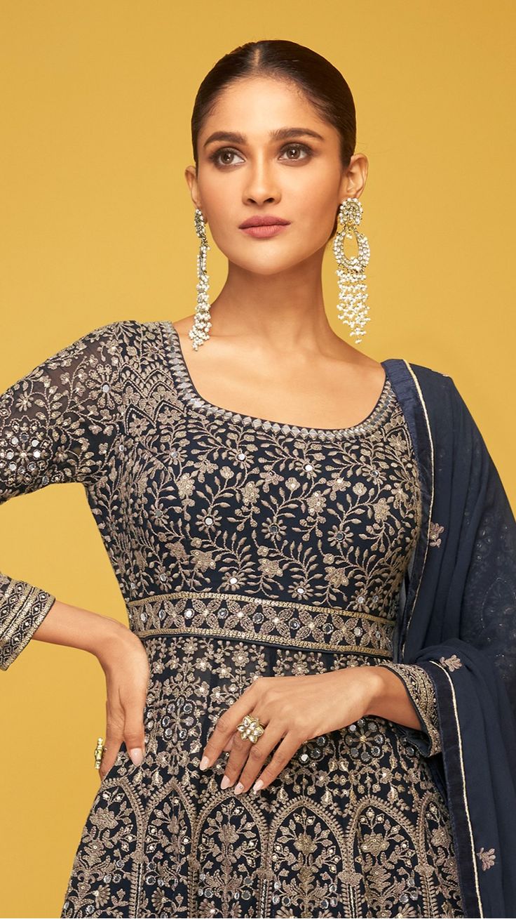 Midnight blue Embroidered skirt set