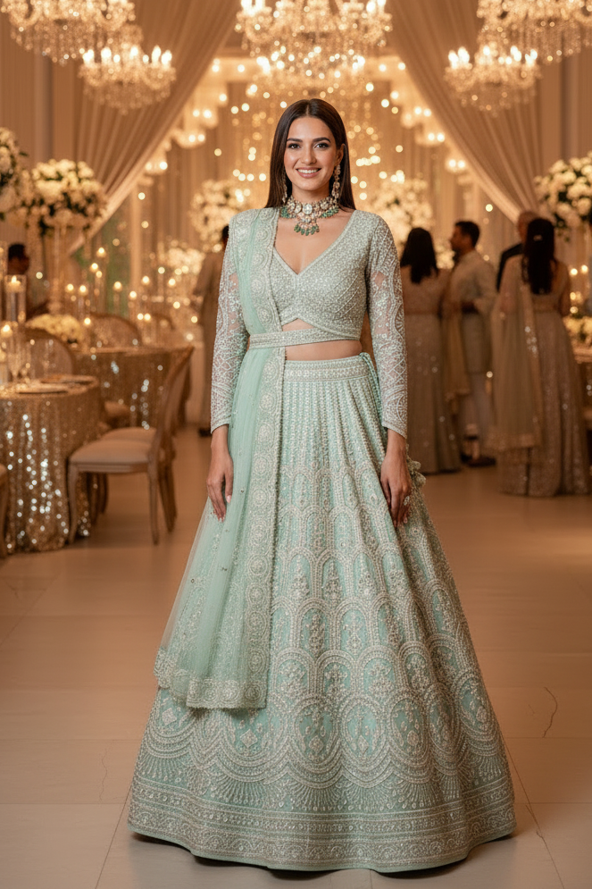 Charming Sea Green Imported Soft Net Dull Golden Embroidered