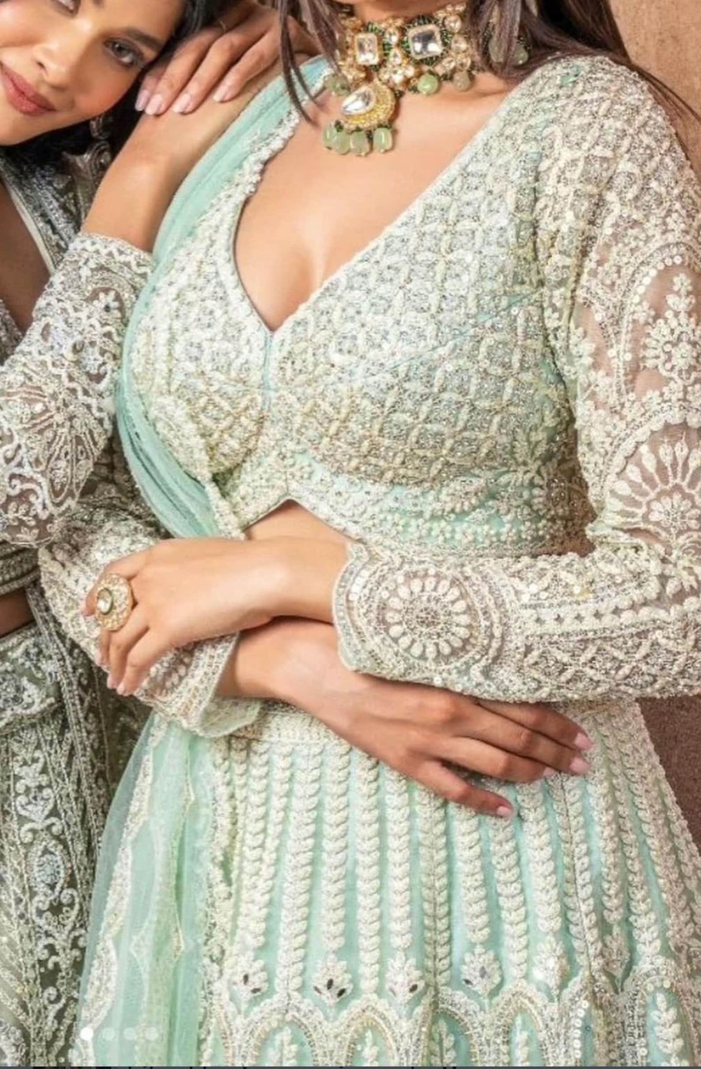 Charming Sea Green Imported Soft Net Dull Golden Embroidered