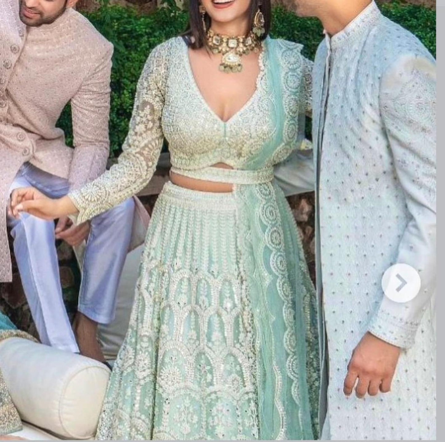 Charming Sea Green Imported Soft Net Dull Golden Embroidered