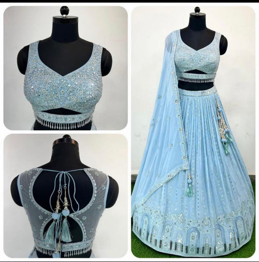 Elegant Ice Blue Lehanga with intricate embroidery