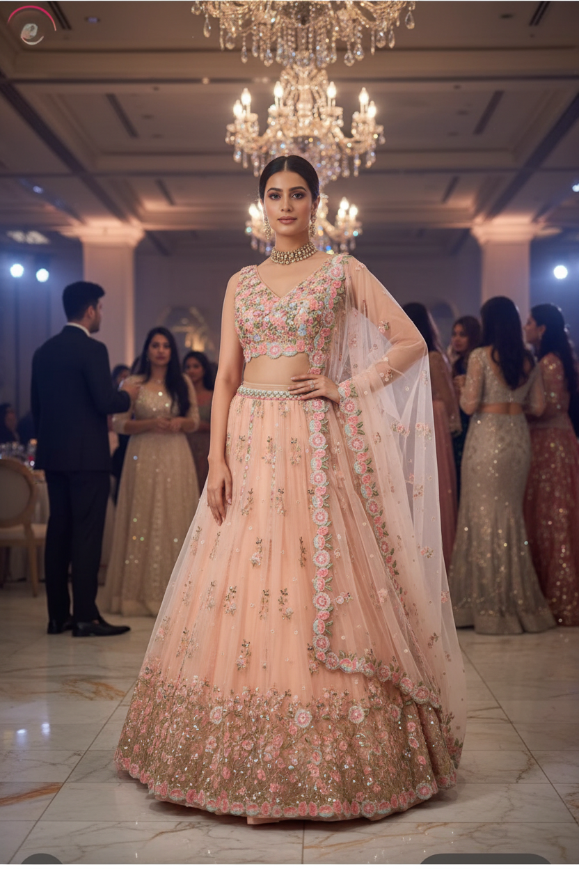 Peach Thread Embroidered Net Lehenga Set