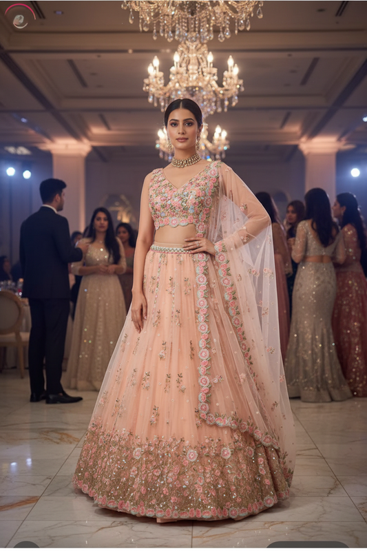 Peach Thread Embroidered Net Lehenga Set