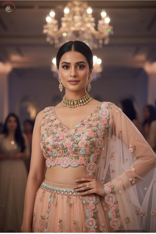 Peach Thread Embroidered Net Lehenga Set