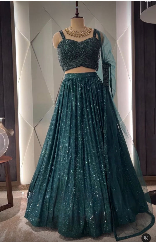 Shimmering Bottle green Lehenga with Sequins