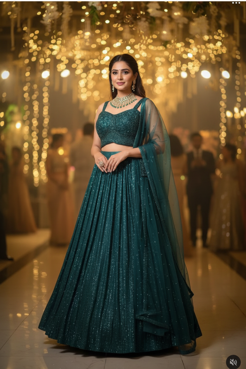 Shimmering Bottle green Lehenga with Sequins