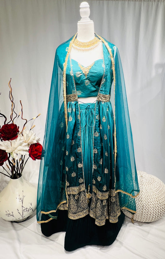 Turquoise Green Art Silk Lehenga Cape set