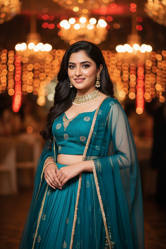 Turquoise Green Art Silk Lehenga Cape set