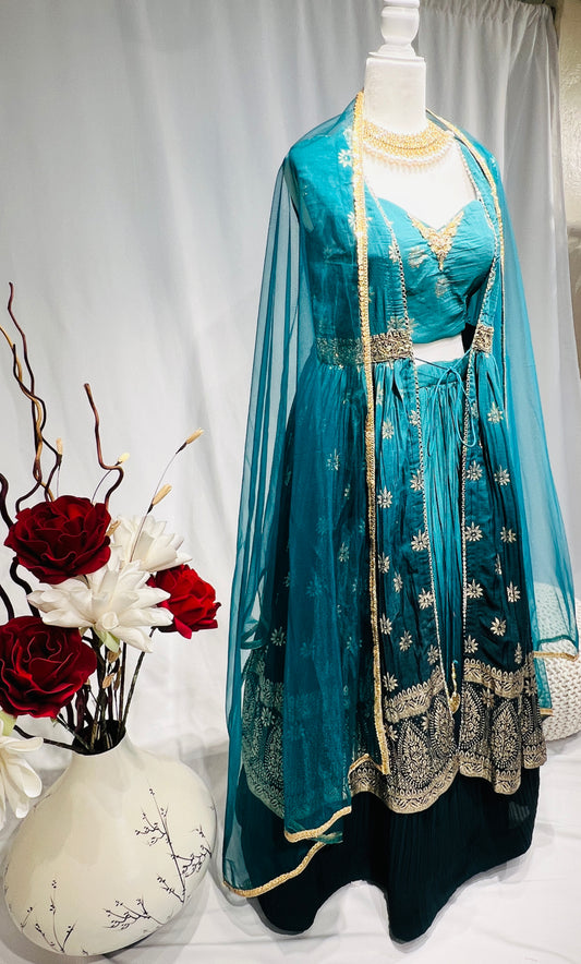 Turquoise Green Art Silk Lehenga Cape set