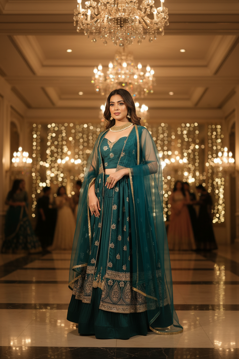 Turquoise Green Art Silk Lehenga Cape set