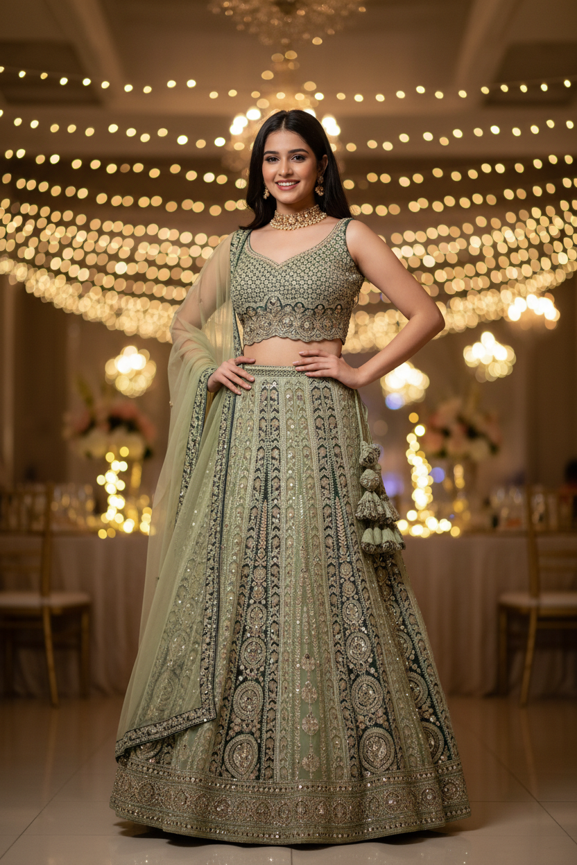 Parrot green Mirror Hand Work Lehenga Choli set
