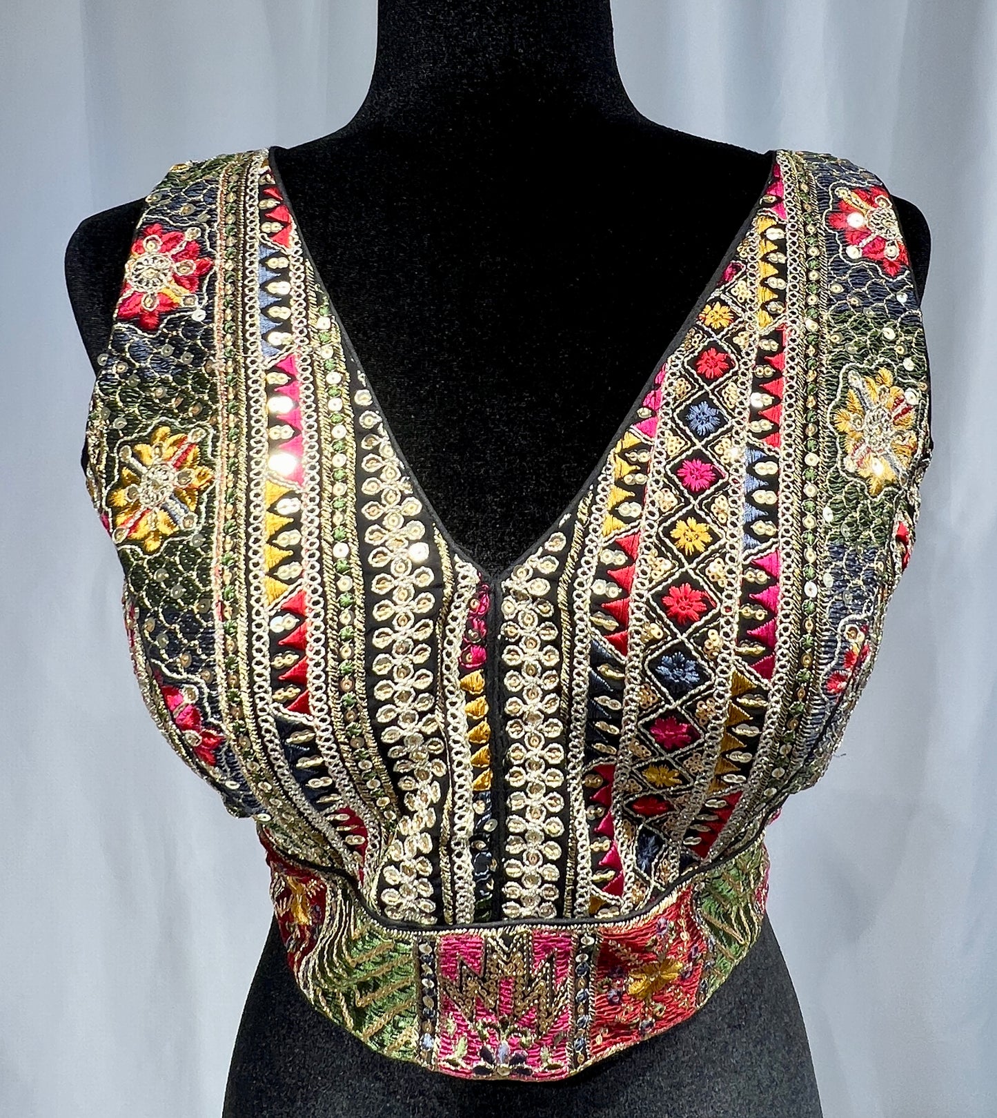 Deep V multi-color embroidered blouse