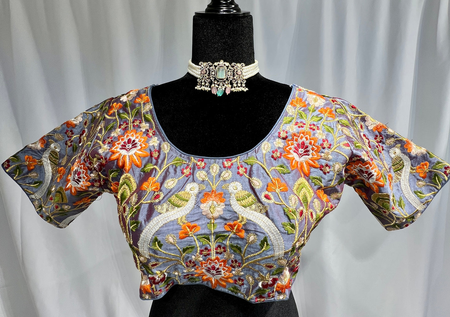 Gray embroidered round neck Blouse with sleeve