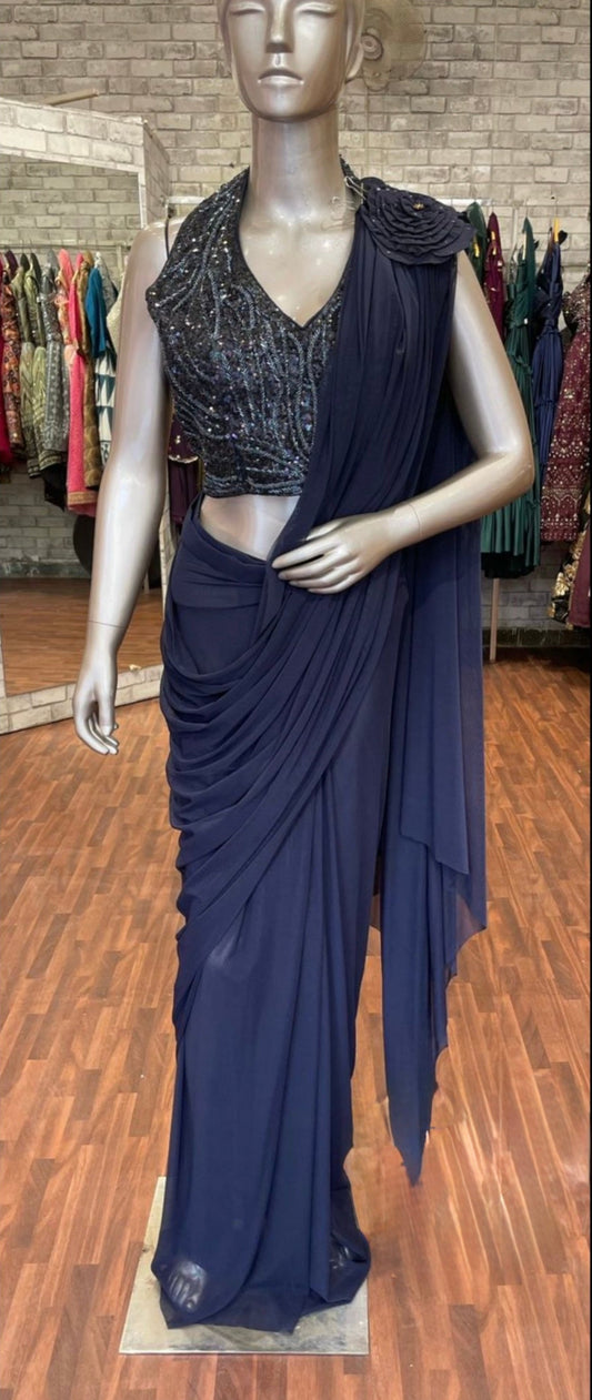 Sylish blue Ready-To-Wear Saree